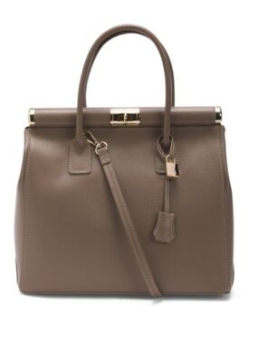 Structured Taupe Italian Leather Satchel with Top Handle and Strap
